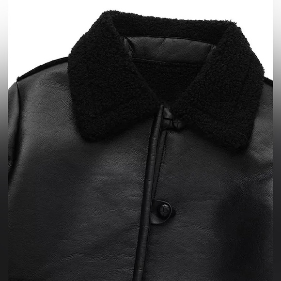 ◼️Commense Black Faux Leather Jacket with Shearling Collar and Cuffs - Picture 2 of 8